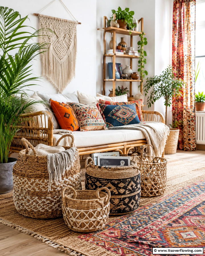 Woven Baskets for Storage - 25 Colorful Boho Living Room Ideas for a Vibrant Space
