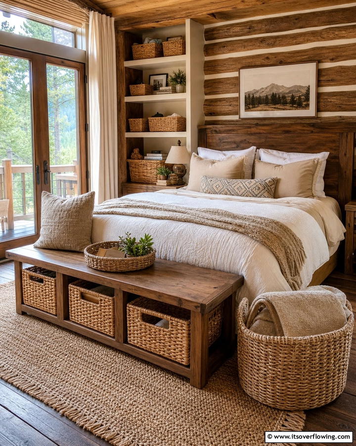 Woven Baskets for Storage - 25 Cozy Cabin Bedroom Ideas for a Rustic Escape