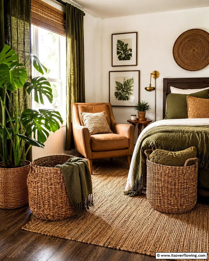 Woven Baskets for Storage - 25 Green and Brown Bedroom Ideas for Earthy Vibes