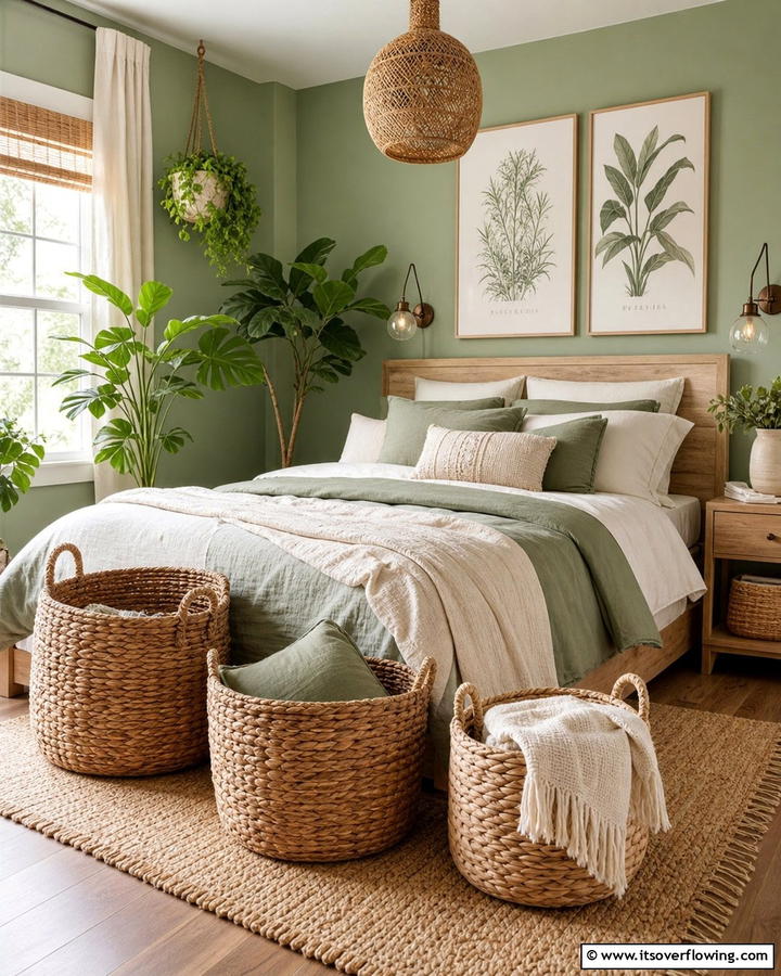 Woven Baskets for Storage and Style - 25 Boho Sage Green Bedroom Ideas for a Serene Retreat