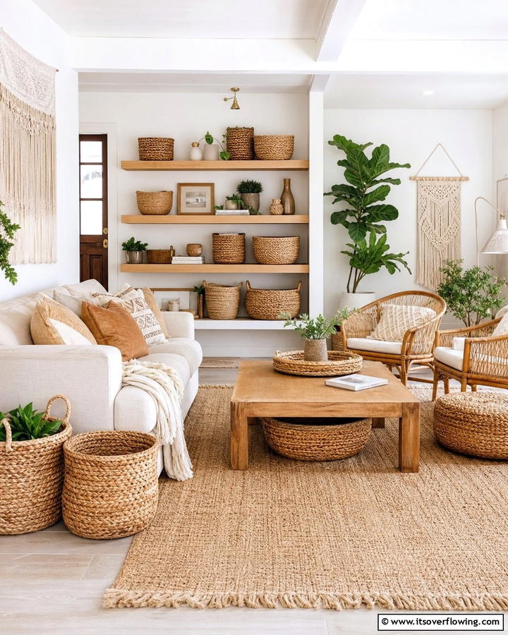 Woven Baskets for Storage and Style - 20 Neutral Boho Living Room Ideas for a Relaxing Vibe