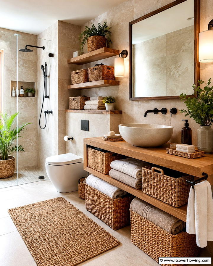 Woven Baskets for Storage and Texture - 25 Earthy Bathroom Ideas for a Natural Retreat