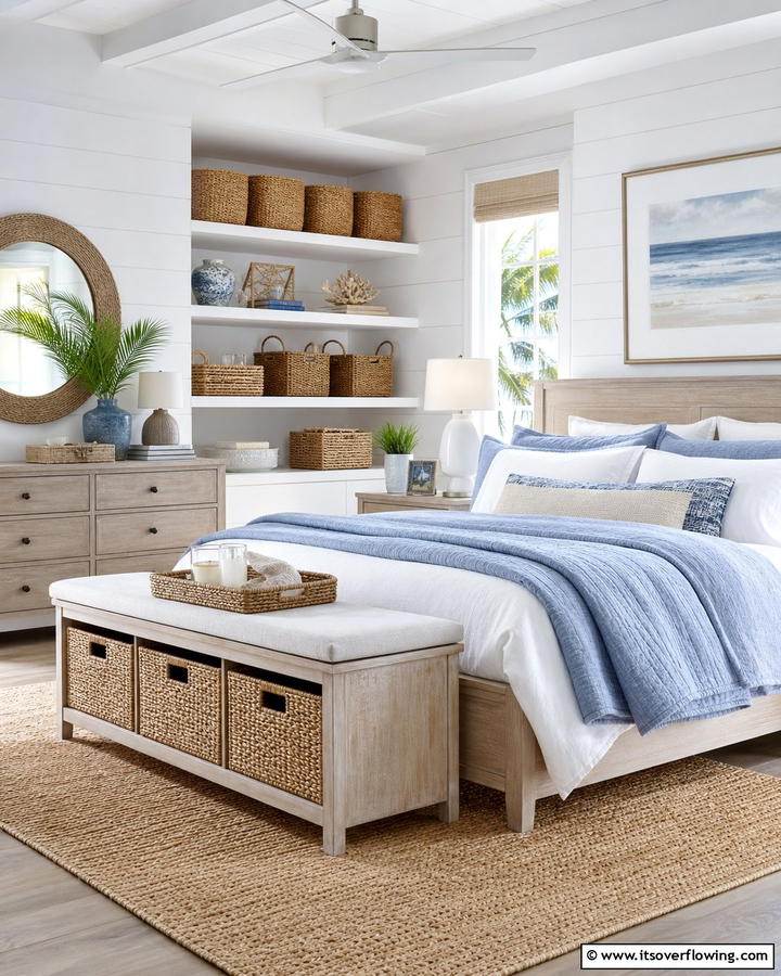 Woven Baskets for Storage - 21 Coastal Bedroom Ideas for Relaxing Beach Vibes