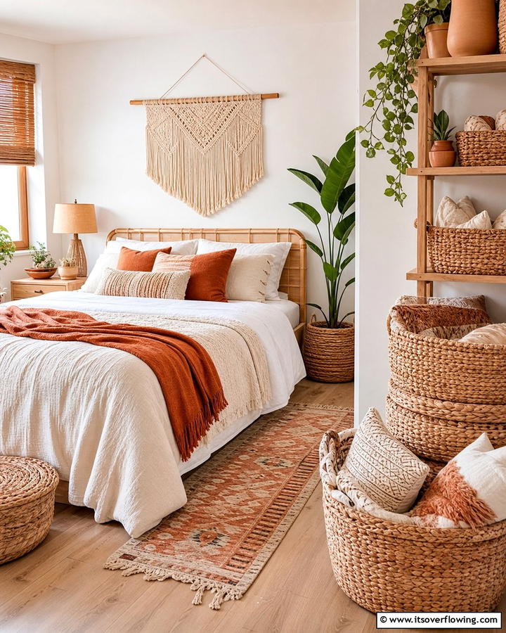 Woven Baskets for Stylish Storage - 20 Cozy Small Boho Bedroom Design Ideas