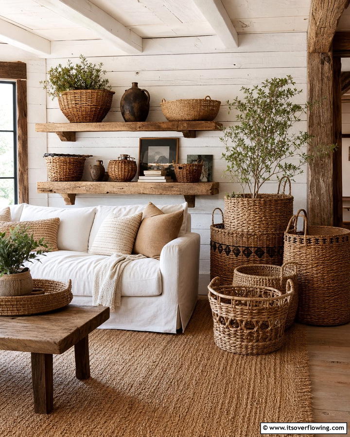 Woven Baskets for Stylish Storage - 20 Primitive Living Room Ideas for a Rustic Look