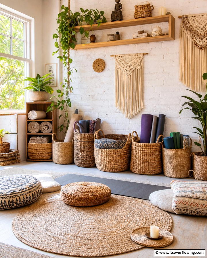 Woven Baskets for Stylish Storage - 20 Boho Meditation Room Ideas- Tranquil Retreats