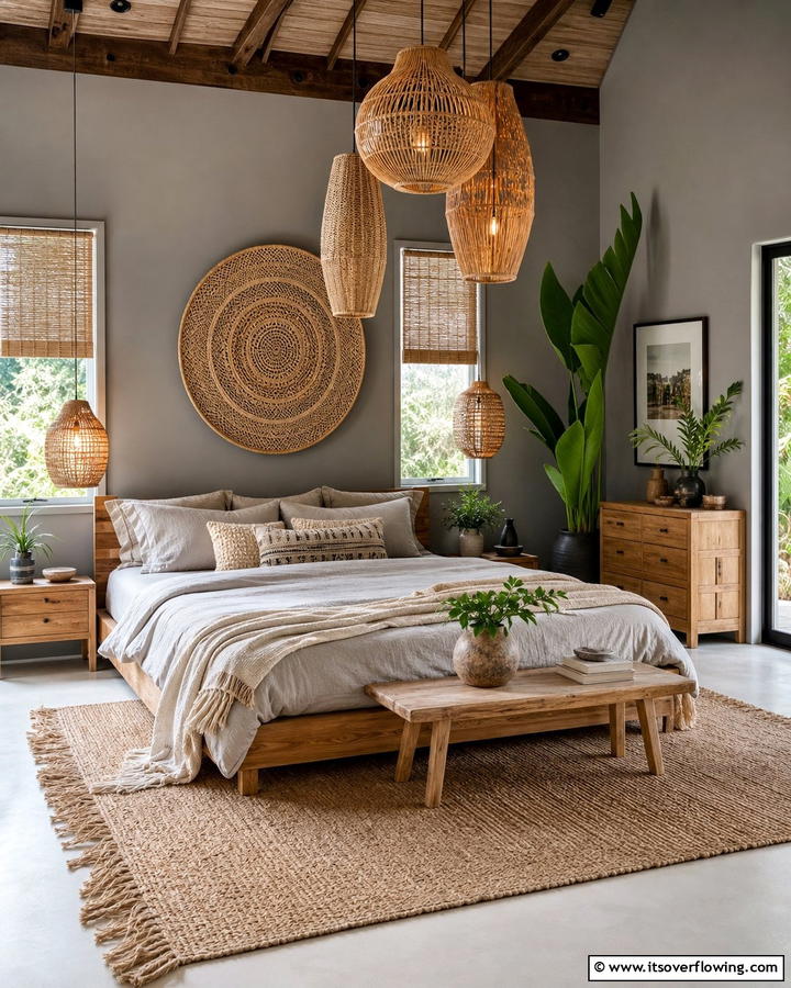 Woven Light Fixtures for Boho Charm - 20 Grey Boho Bedroom Ideas for a Cozy Vibe