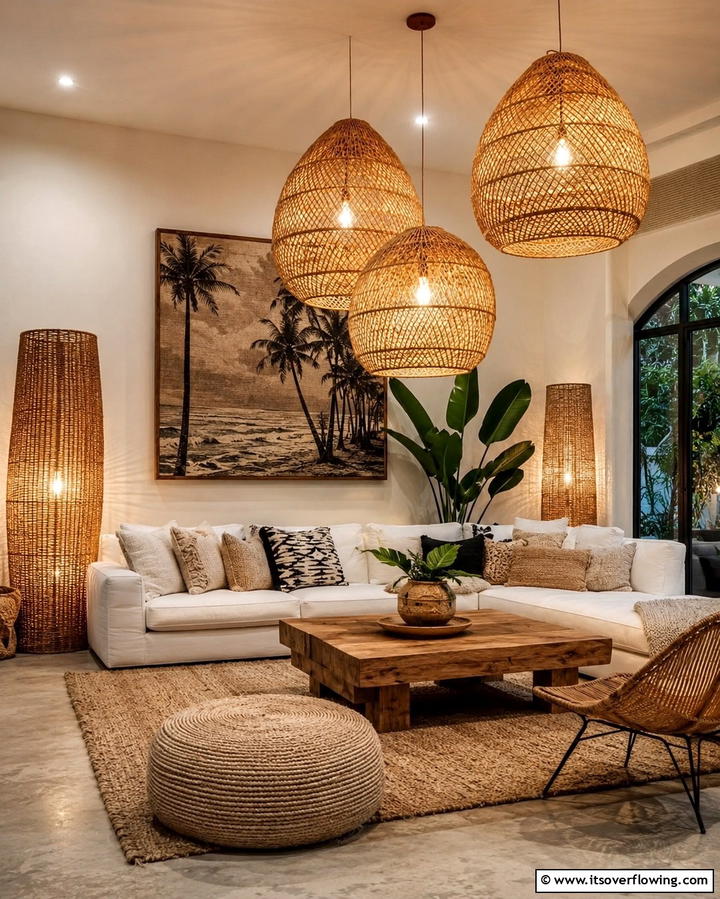Woven Lighting Fixtures - 25 Moody Boho Living Room Ideas for a Cozy Vibe