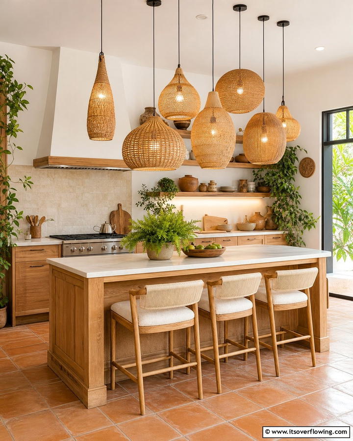 Woven Pendant Lights - 25 Boho Kitchen Ideas for a Cozy and Eclectic Vibe