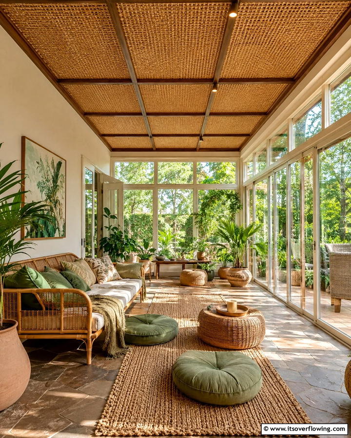 Woven Reed Panels - 20 Sunroom Ceiling Ideas for a Stunning Overhead View