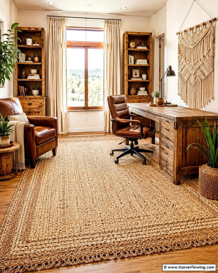 Woven Rug Comfort - 30 Rustic Home Office Ideas for a Cozy Workspace