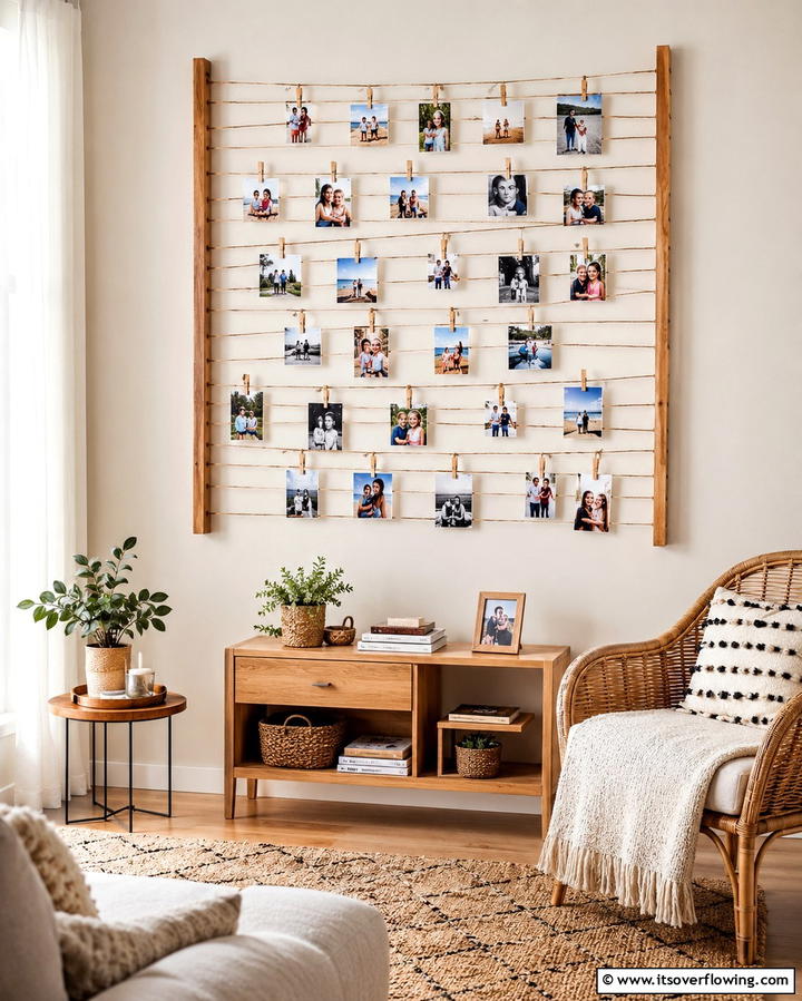 Woven String Display - 30 Family Photo Wall Ideas to Display Memories