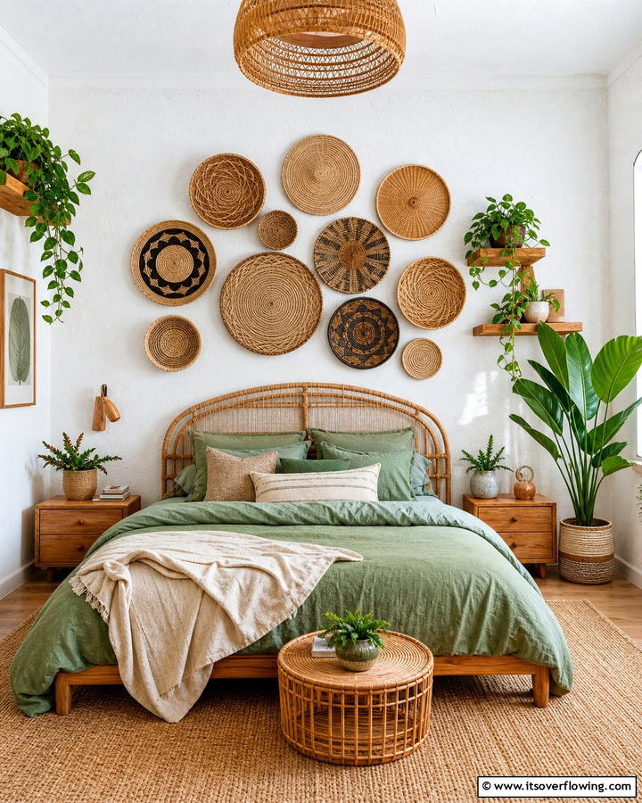 Woven Wall Baskets - 20 Green Boho Bedroom Ideas for a Relaxing Retreat