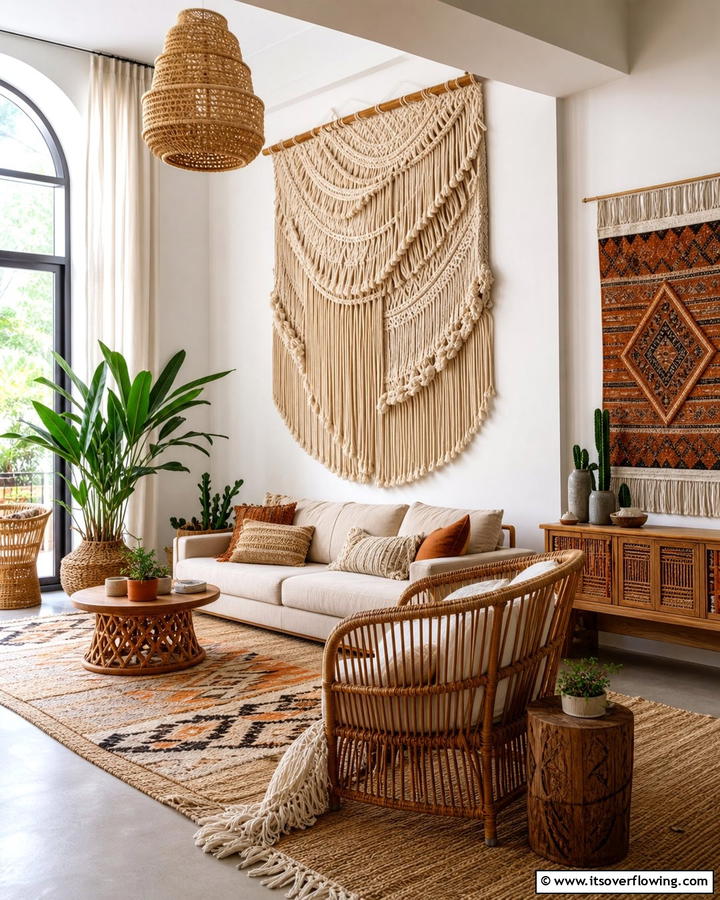 Woven Wall Hangings for Artistic Flair - 20 Neutral Boho Living Room Ideas for a Relaxing Vibe