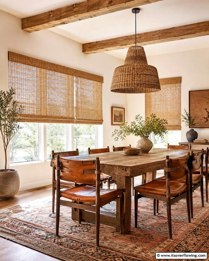 Woven Wood Shades for Rustic Appeal - 25 Dining Room Window Treatments for Elegant Spaces