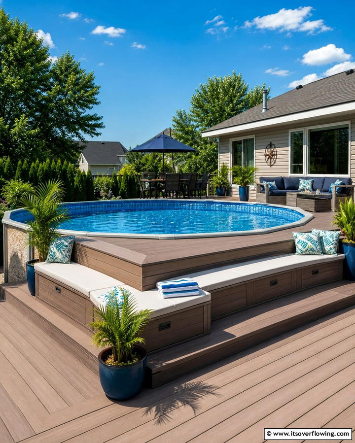Wraparound Bench Seating - 25 Creative Above Ground Pool Ideas for Your Backyard