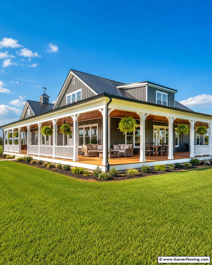 Wraparound Porch Addition - 30 Pole Barn & Barndominium Exterior Designs for Rustic Charm