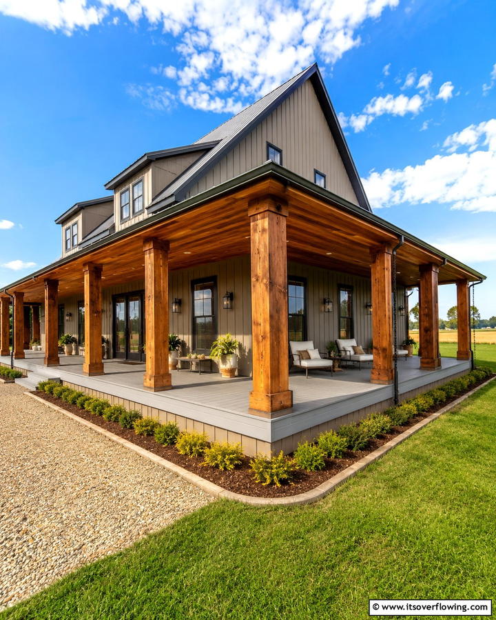 Wraparound Porch with Wooden Columns - 30 Pole Barn & Barndominium Exterior Designs for Rustic Charm