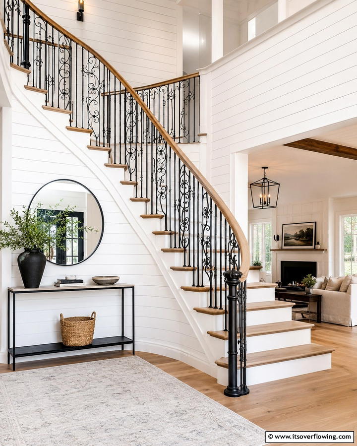 Wrought Iron Accent - 30 Rustic Farmhouse Stair Railing Ideas & Designs