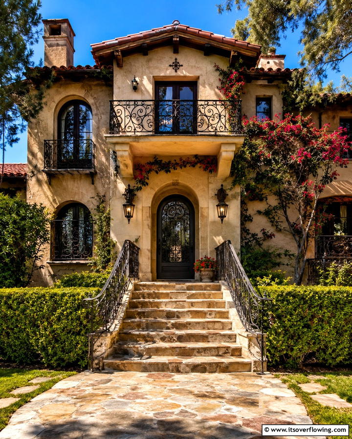 Wrought Iron Accents - 30 Spanish Bungalow Exterior Ideas for Mediterranean Charm
