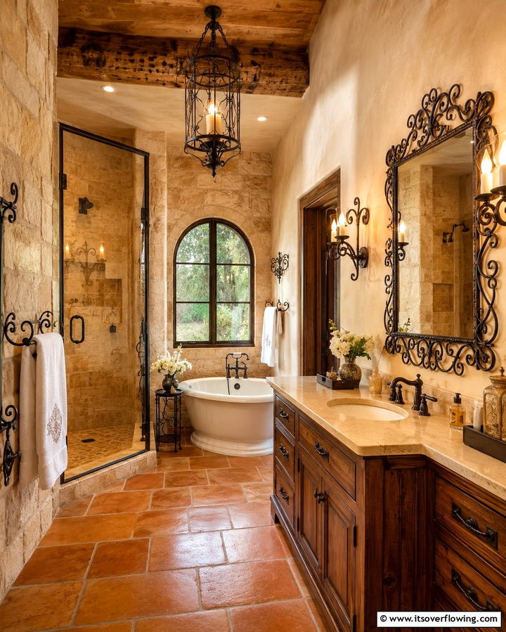 Wrought Iron Accents - 20 Tuscan Bathroom Ideas for a Rustic Retreat