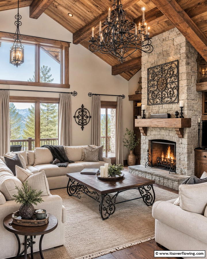 Wrought Iron Accents - 20 Cabin Living Room Ideas for Cozy Comfort