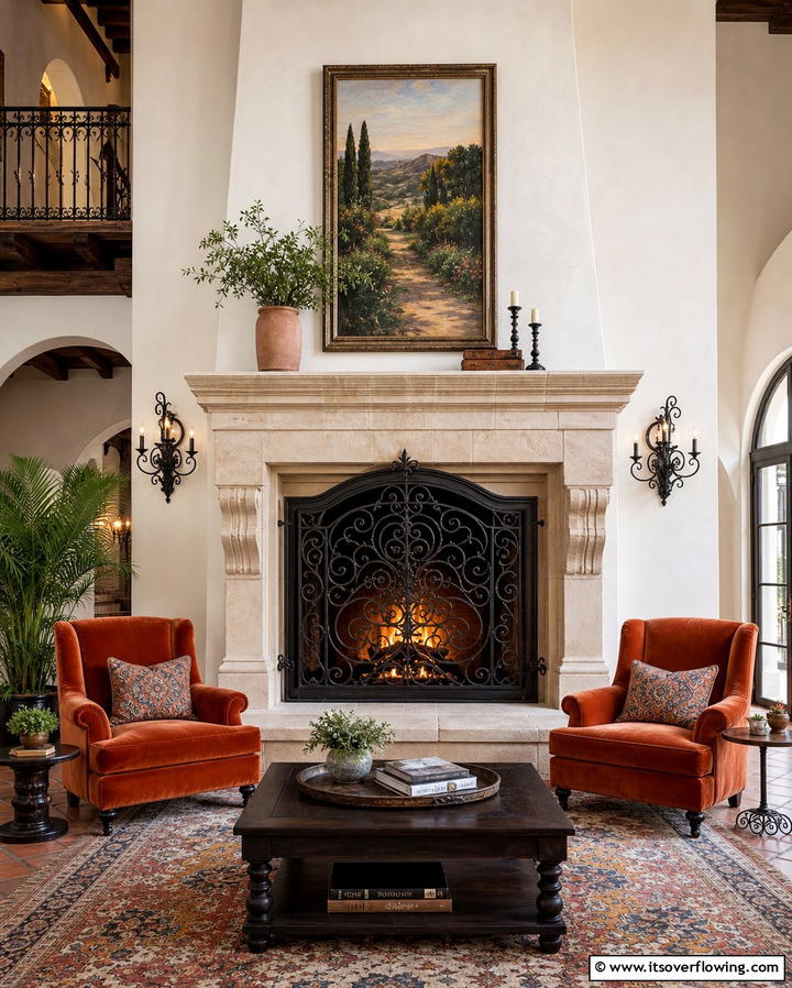 Wrought Iron Detailing - 25 Spanish Style Fireplace Ideas for Cozy Living Spaces