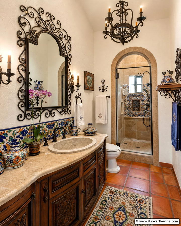 Wrought Iron Fixtures - 30 Spanish Style Bathroom Ideas for Mediterranean Flair