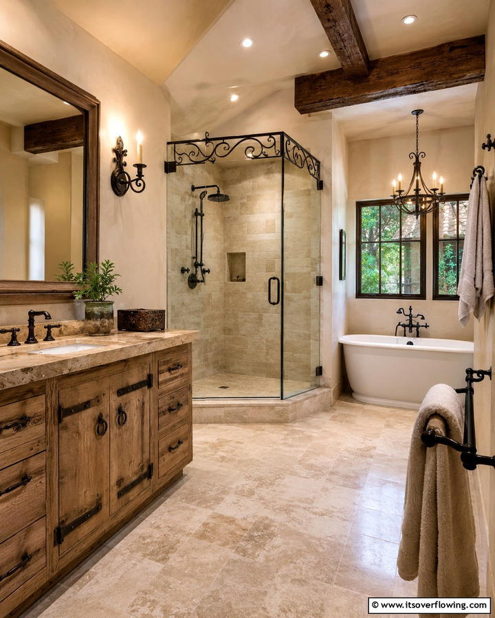 Wrought Iron Fixtures for Rustic Sophistication - 25 Rustic Walk-in Shower Ideas for a Spa-Like Bathroom
