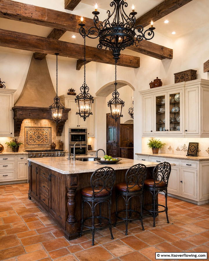Wrought Iron Lighting Fixtures - 21 Mediterranean Kitchen Ideas for Warm & Inviting Vibes