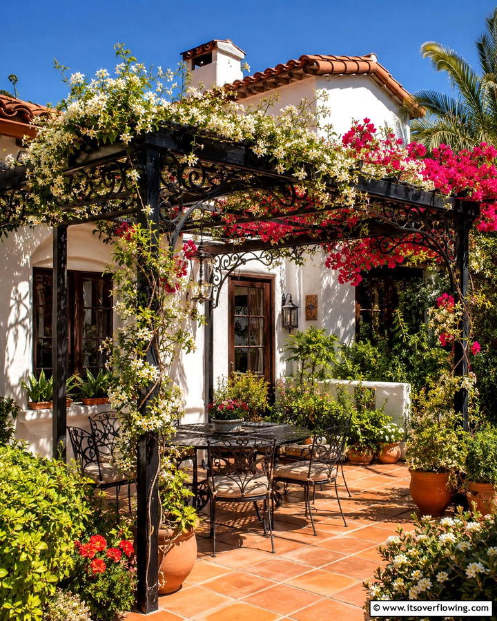 Wrought Iron Pergolas - 30 Spanish Bungalow Exterior Ideas for Mediterranean Charm