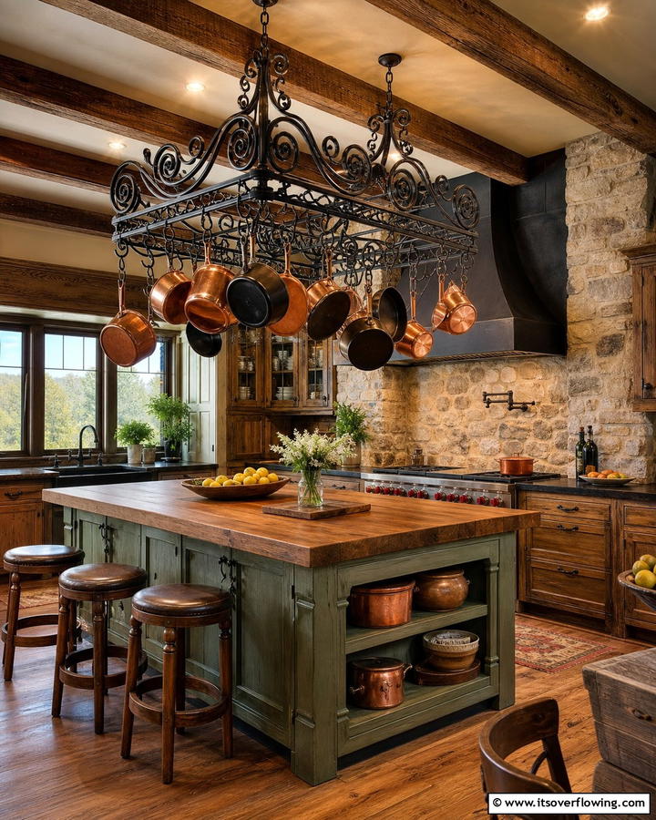 Wrought Iron Pot Racks - 20 Primitive Kitchen Ideas for a Rustic Charm