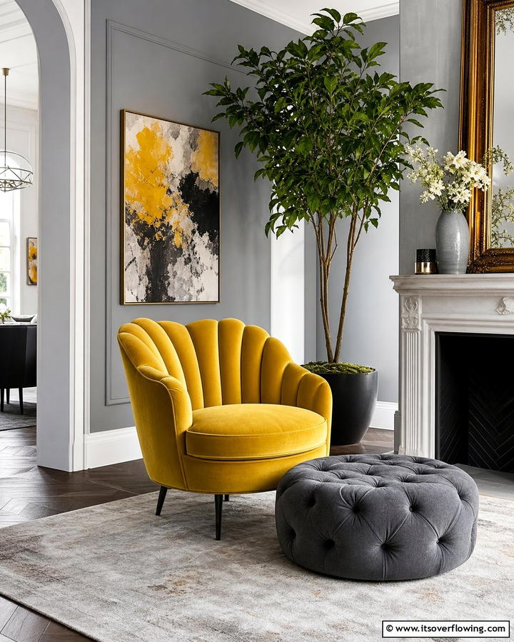 Yellow Accent Chair with Grey Ottoman - 25 Grey and Yellow Living Room Ideas