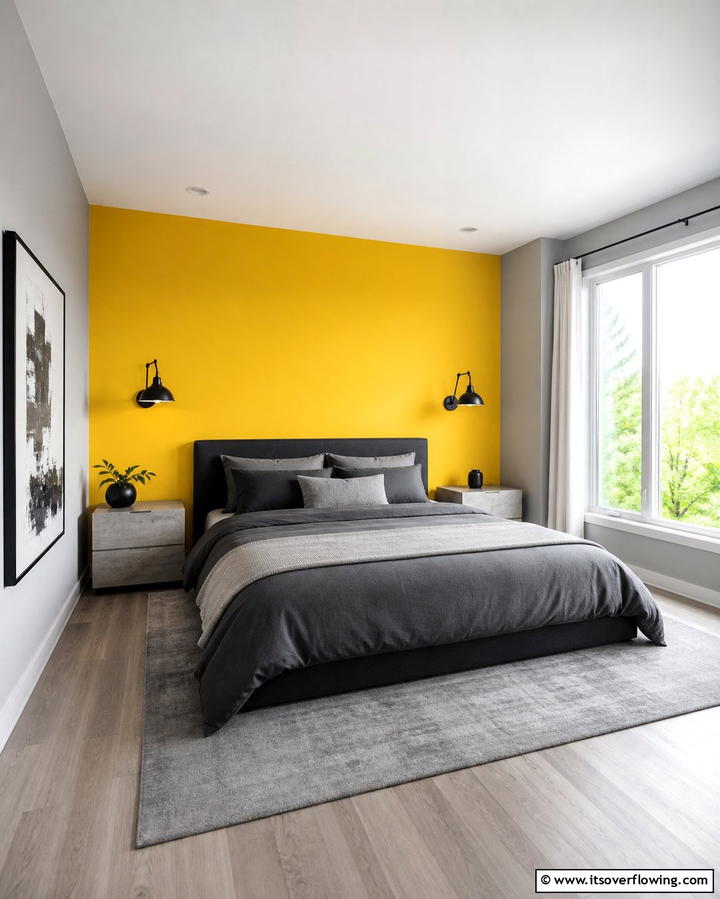 Yellow Accent Wall with Grey Bedding - 25 Yellow and Grey Bedroom Ideas for a Chic Look