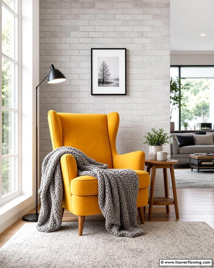 Yellow Armchair with Grey Throws - 25 Grey and Yellow Living Room Ideas