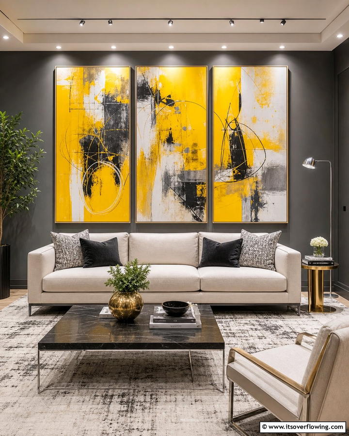 Yellow Artwork on Grey WallsExact - 25 Grey and Yellow Living Room Ideas