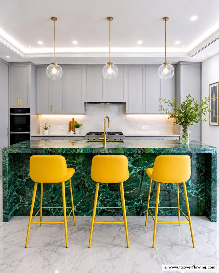 Yellow Bar Stools with Green Counters - 25 Green and Yellow Kitchen Ideas for Freshness