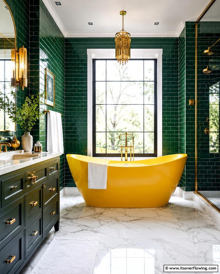 Yellow Bathtub with Green Tiles - 20 Yellow and Green Bathroom Ideas for a Fresh Look