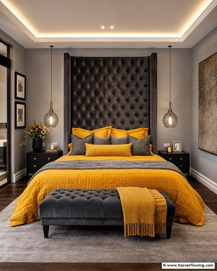 Yellow Bedding on a Grey Headboard - 25 Yellow and Grey Bedroom Ideas for a Chic Look