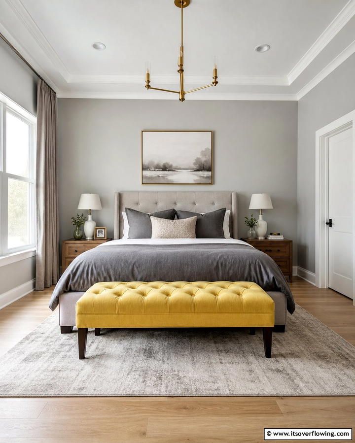 Yellow Bench at the Foot of a Grey Bed - 25 Yellow and Grey Bedroom Ideas for a Chic Look