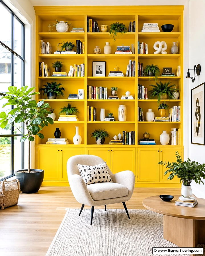 Yellow Bookshelves for a Bold Display - 25 Yellow Living Room Ideas to Brighten Your Home