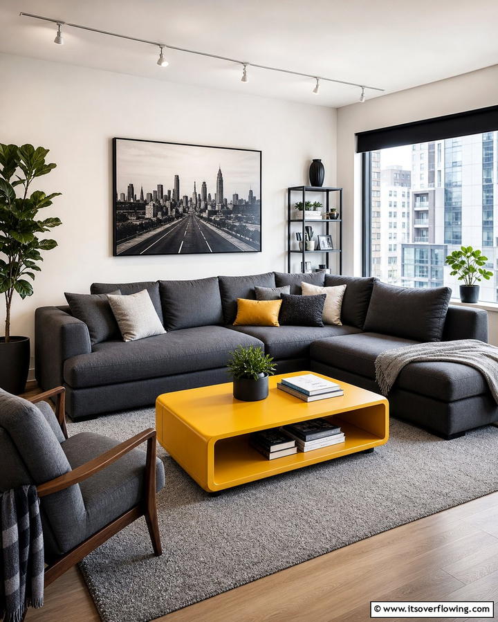 Yellow Coffee Table Against Grey Furniture - 25 Grey and Yellow Living Room Ideas
