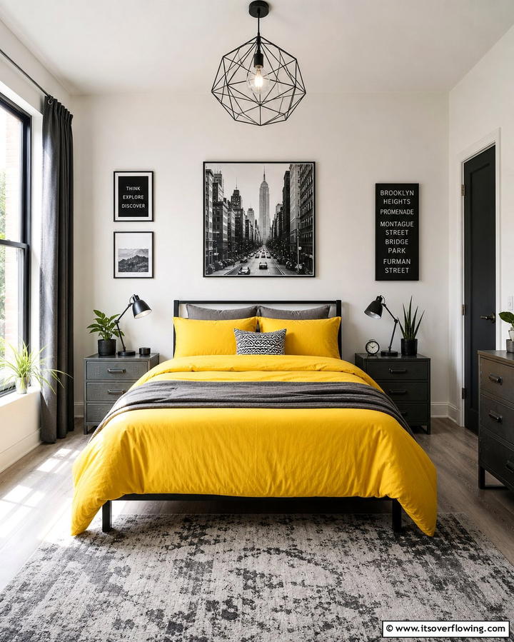 Yellow Duvet with Grey Nightstands - 25 Yellow and Grey Bedroom Ideas for a Chic Look