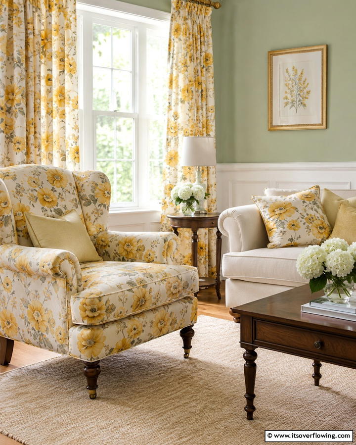Yellow Floral Patterns - 25 Yellow Living Room Ideas to Brighten Your Home