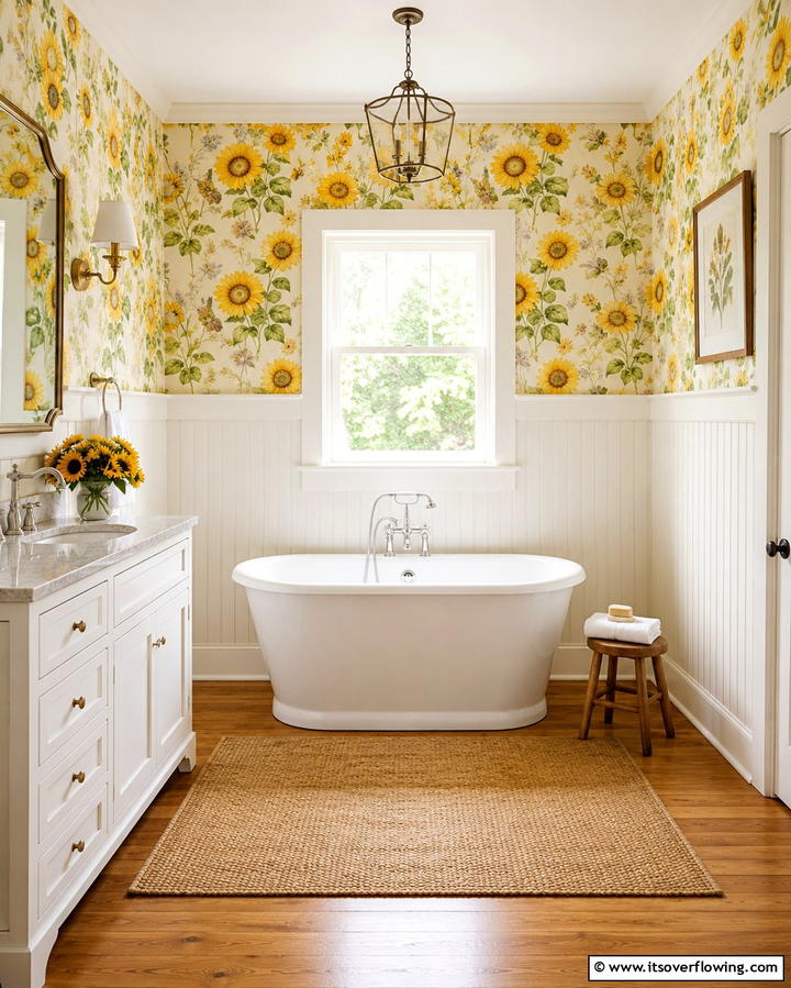 Yellow Floral Wallpaper - 30 Cheerful Yellow Bathroom Decor Ideas for 2024