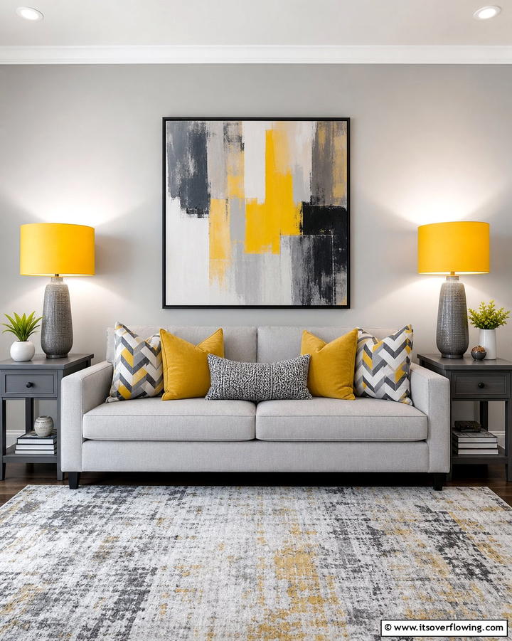 Yellow Lampshades on Grey Side Tables - 25 Grey and Yellow Living Room Ideas