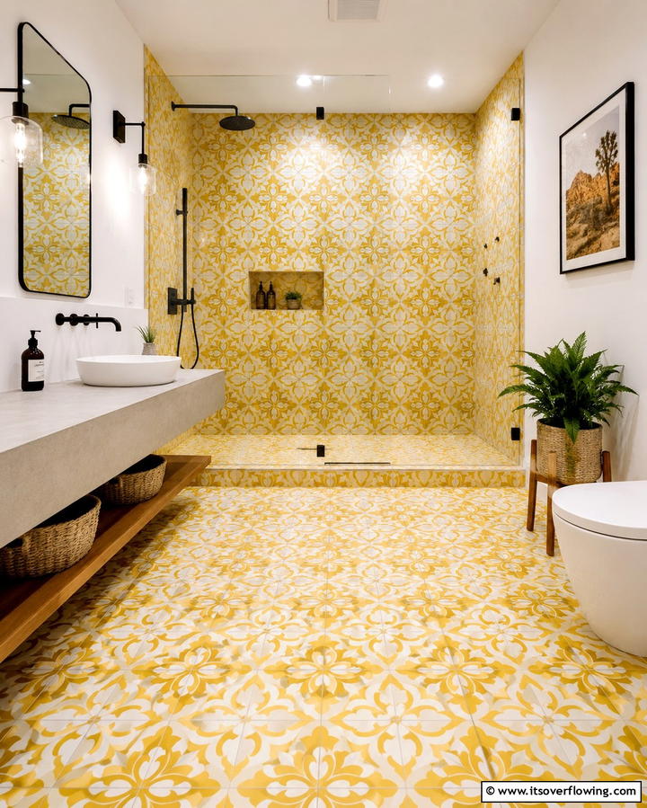 Yellow Patterned Tiles - 30 Cheerful Yellow Bathroom Decor Ideas for 2024