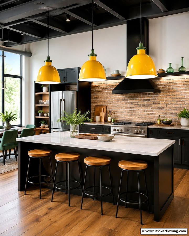 Yellow Pendant Lighting with Green Accents - 25 Green and Yellow Kitchen Ideas for Freshness