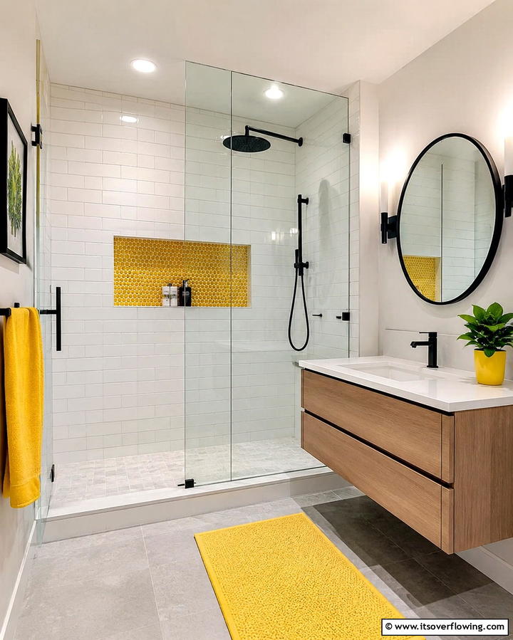 Yellow Shower Niche - 30 Cheerful Yellow Bathroom Decor Ideas for 2024