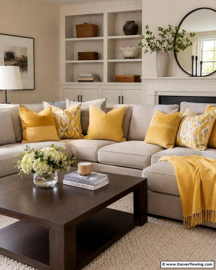 Yellow Throw Pillows for a Subtle Pop of Color - 25 Yellow Living Room Ideas to Brighten Your Home